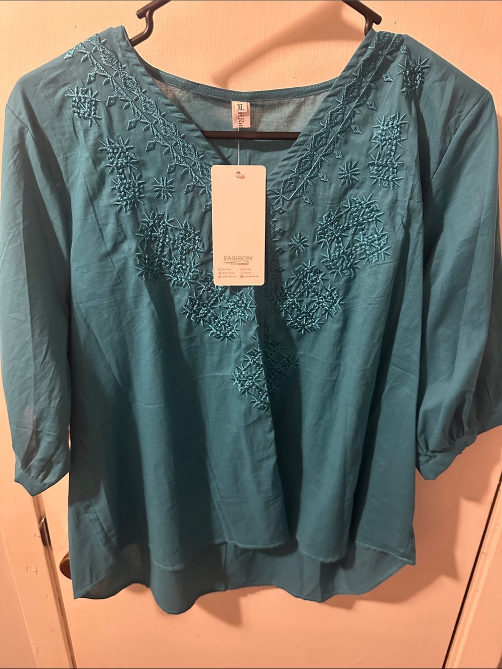 Embroidered V-Neck Tunic Top in Teal